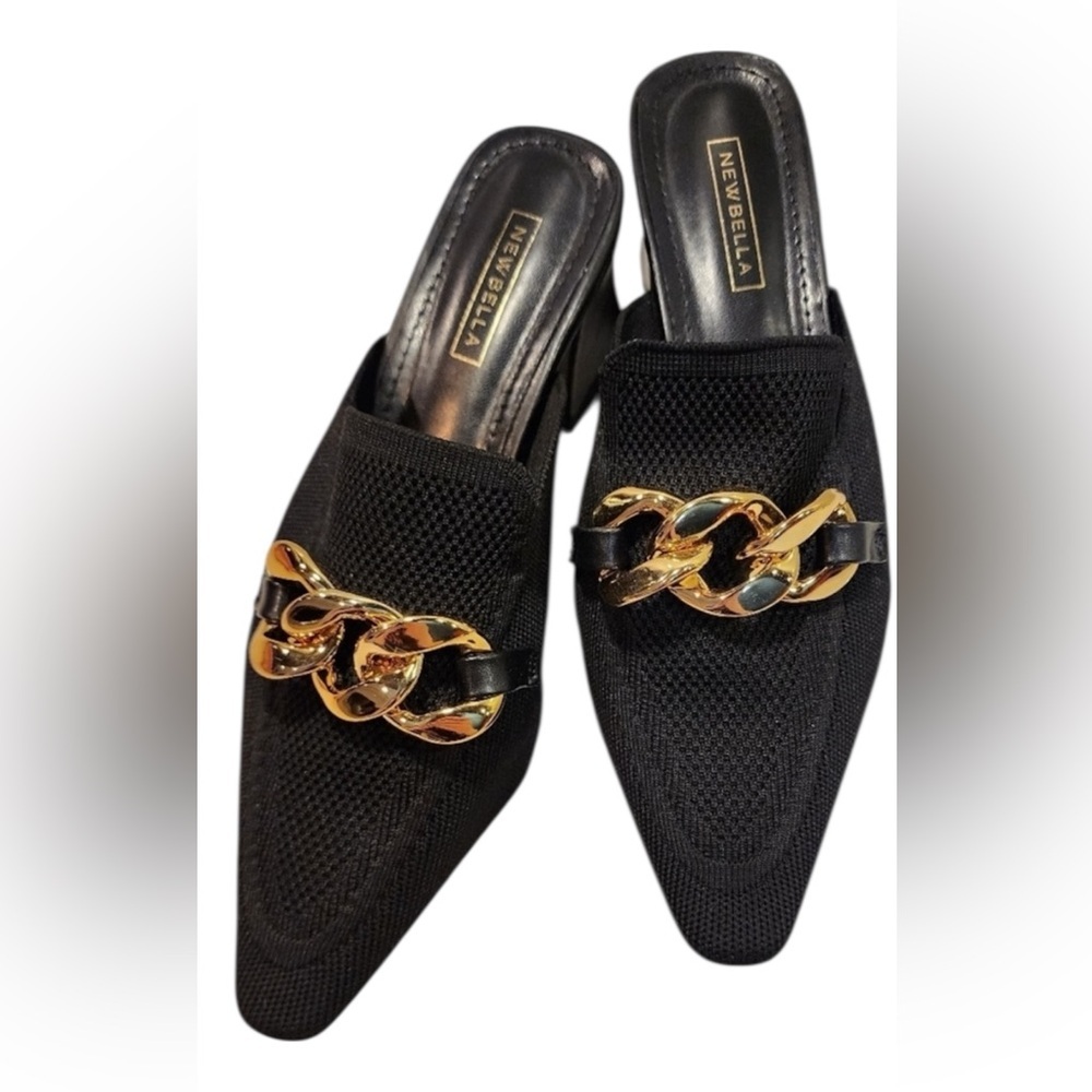 Newbella Black Pointed Slip-On Mules with Gold Chain Accent